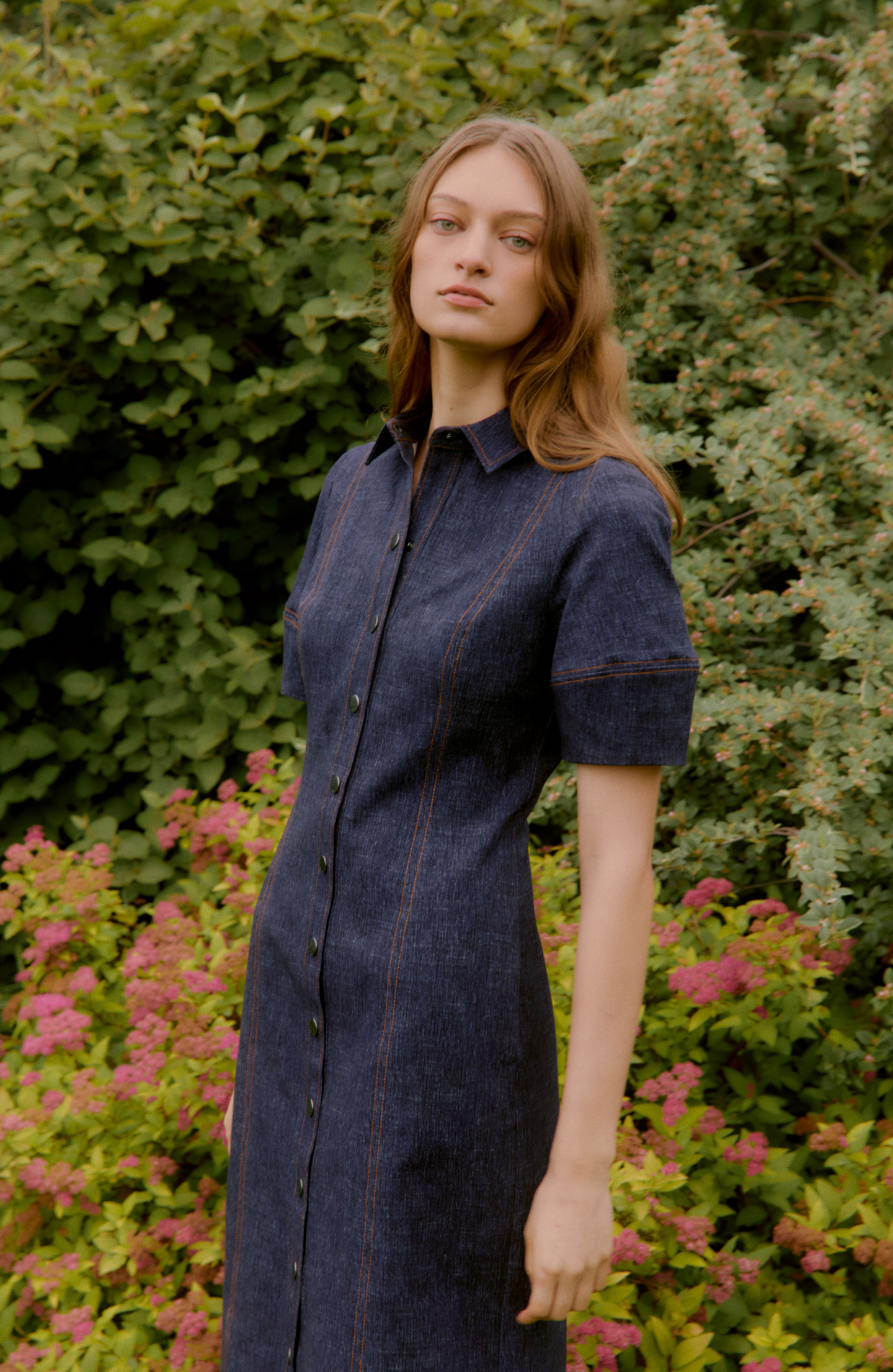 Stretch Denim Button Front Midi Dress