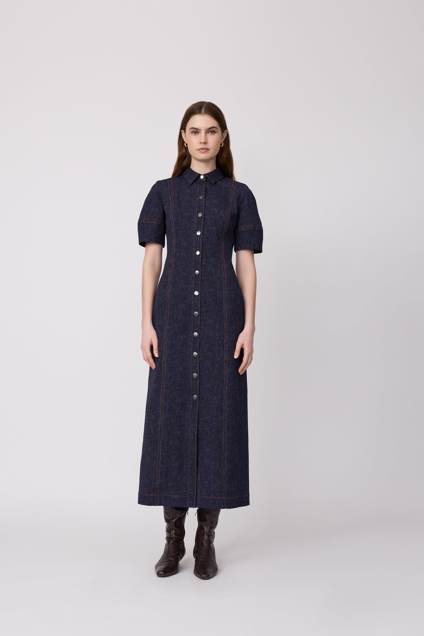 Stretch Denim Button Front Midi Dress