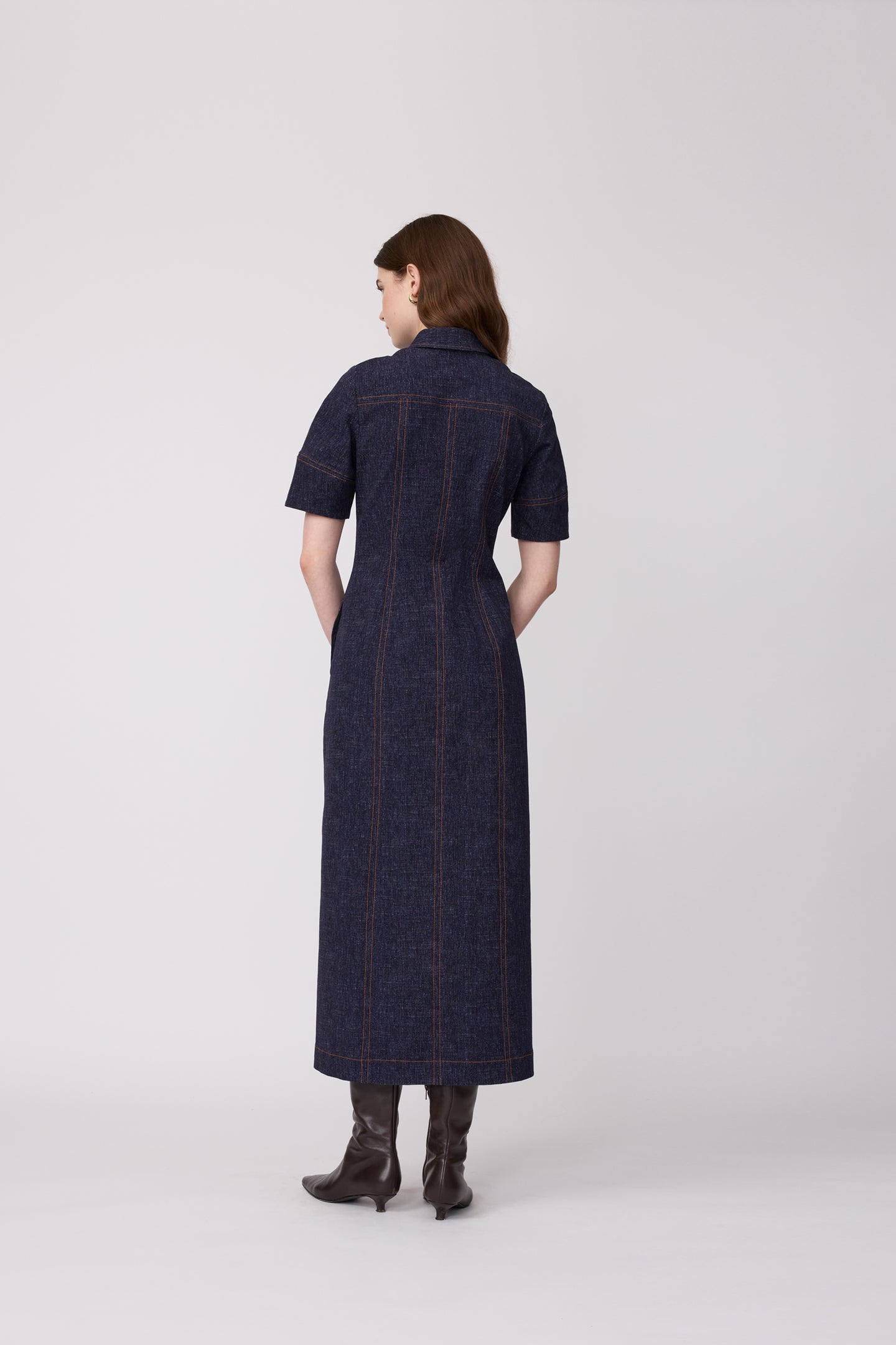 Stretch Denim Button Front Midi Dress