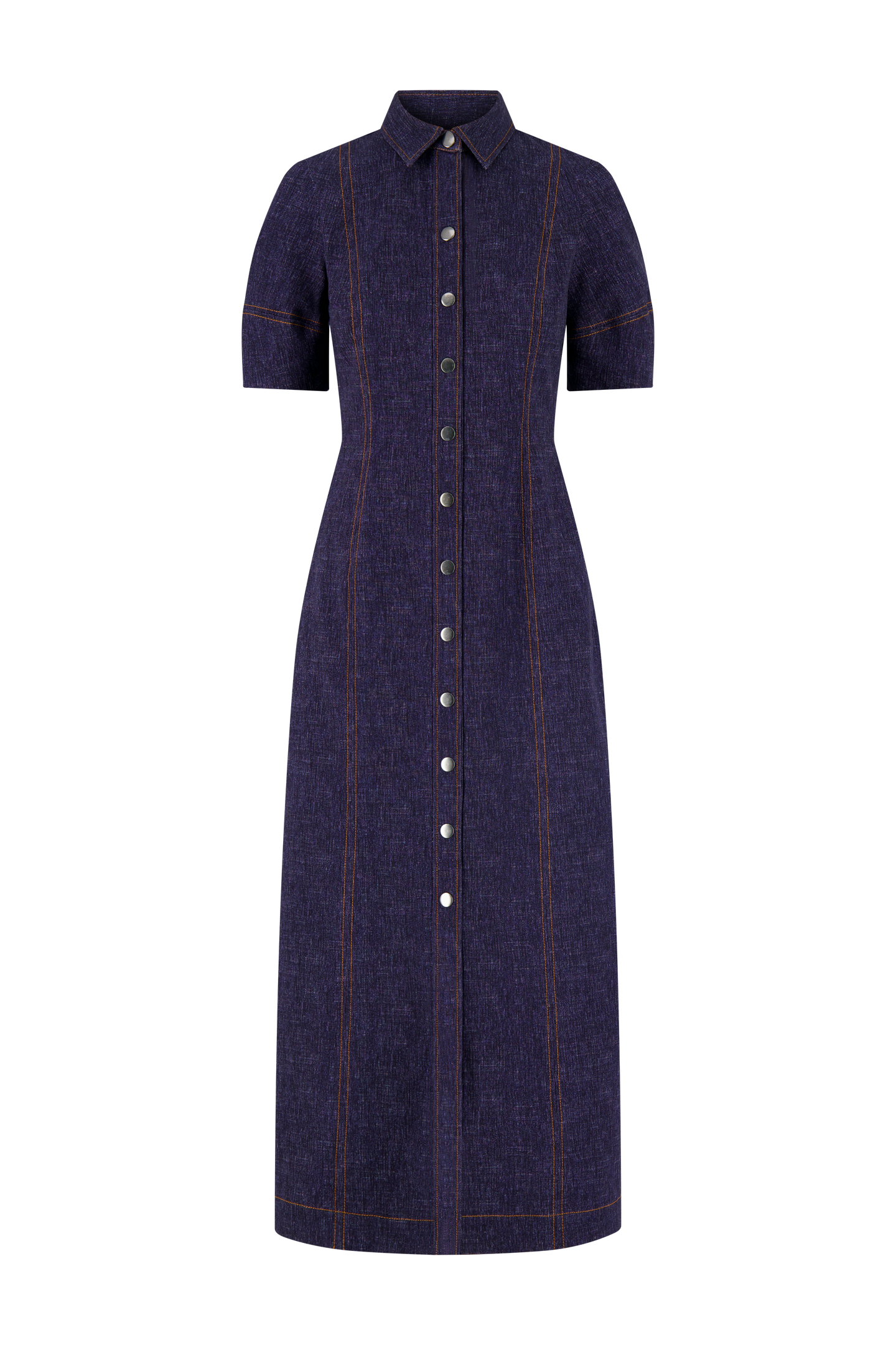 Stretch Denim Button Front Midi Dress