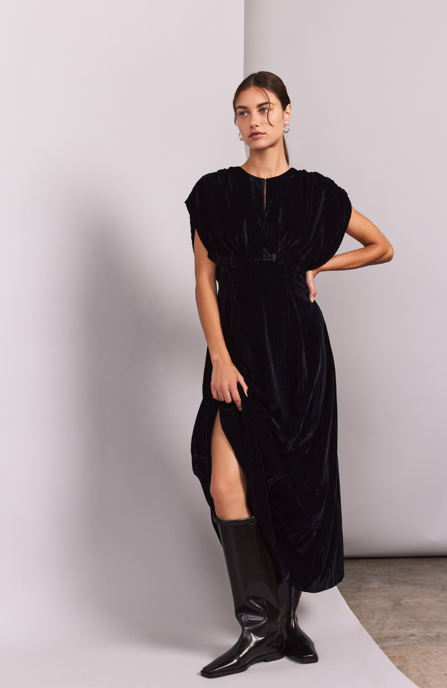 Crinkled Velvet Ruched Dress