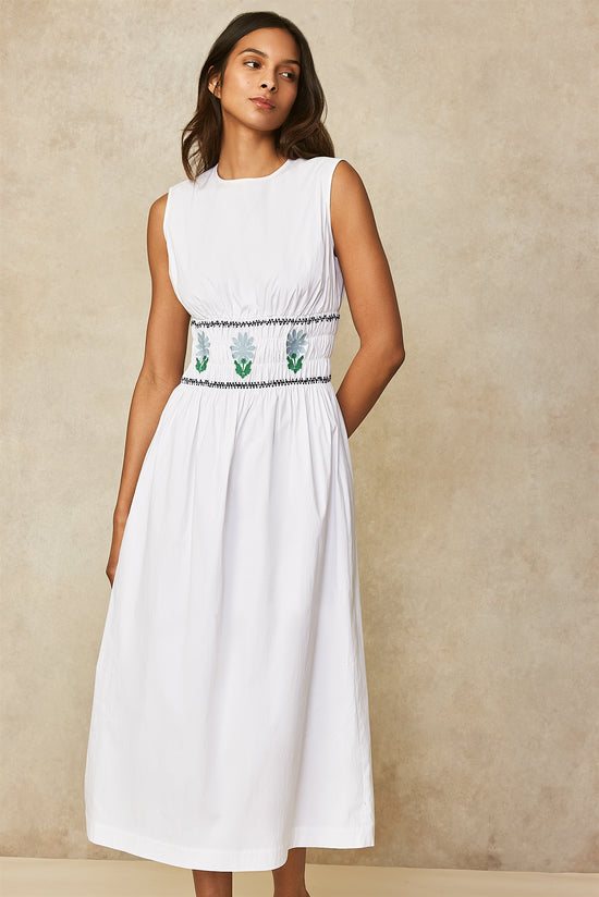 Cotton Poplin Embroidered Midi Dress