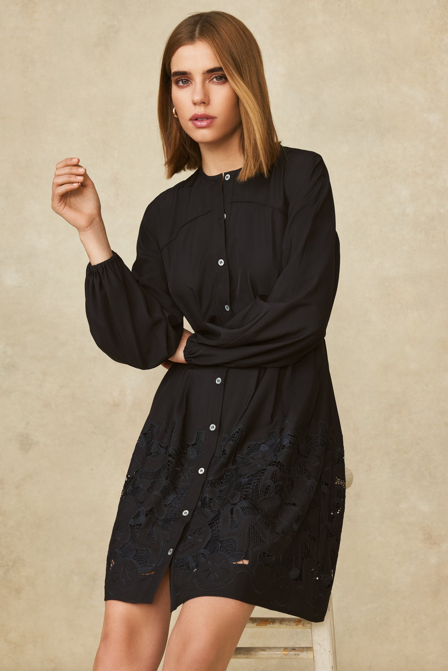 Floral Embroidered Cotton Button Front Dress