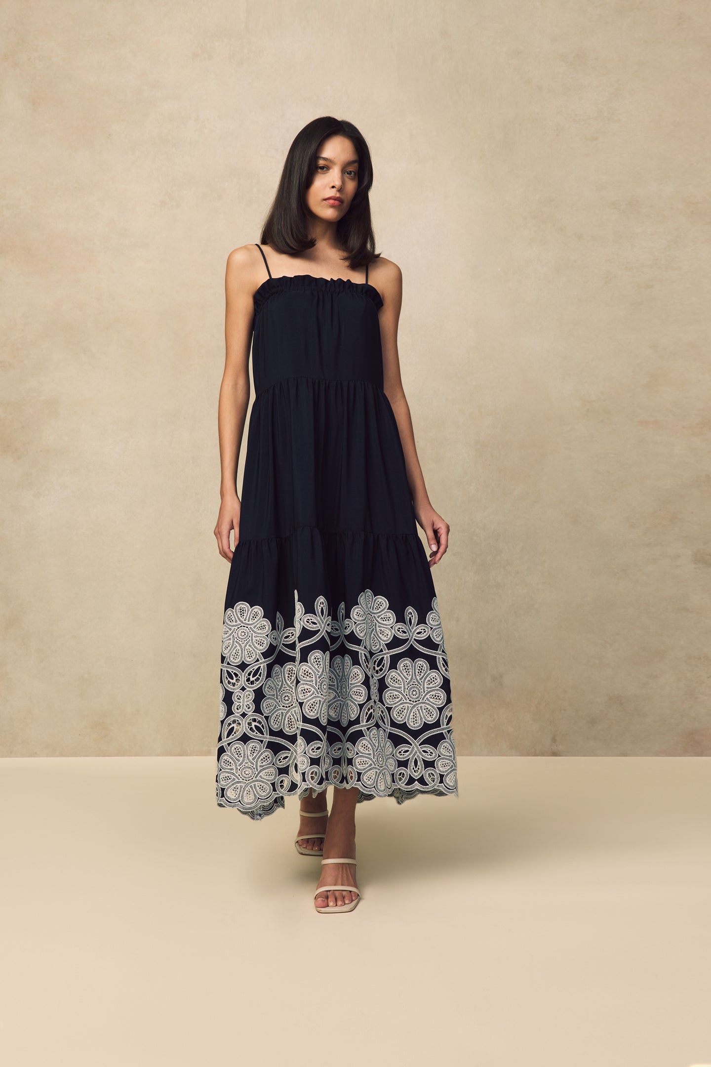 Embroidered Fluid Crepe Midi Dress