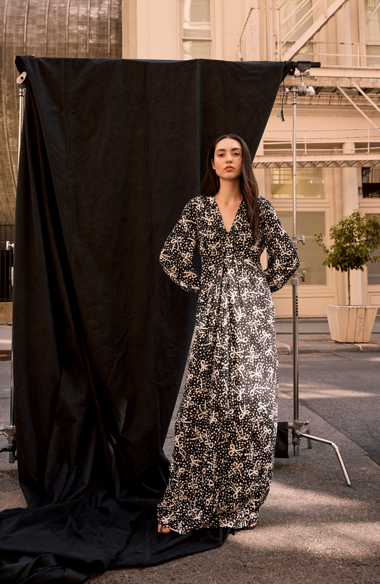 Bow Printed Crepe V-Neck Maxi