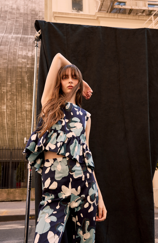 Floral Painted Cotton Flounce Hem Top