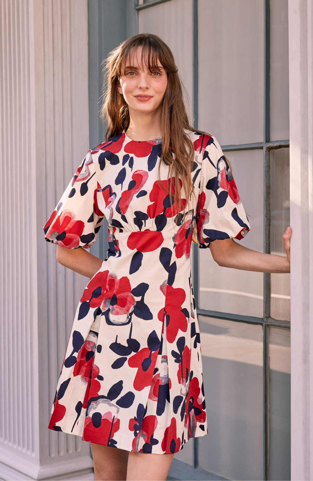 Floral Painted Cotton Flutter Sleeve Dress