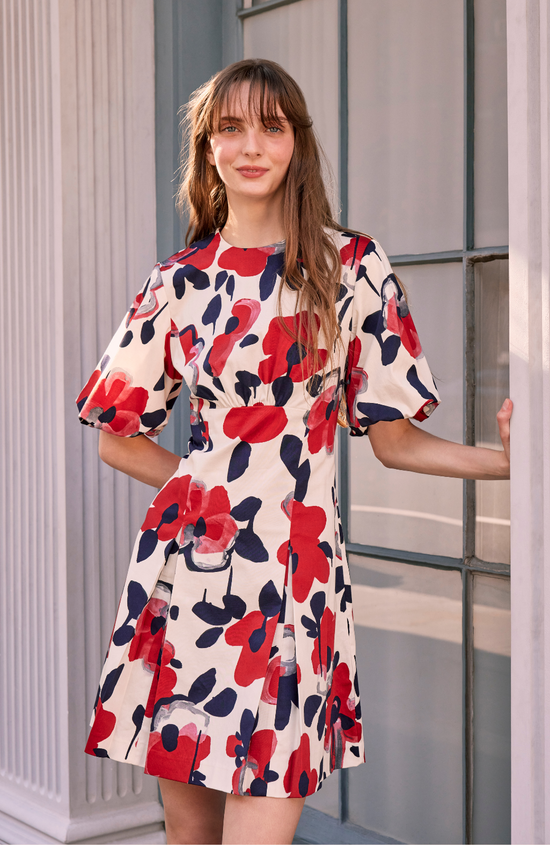 Floral Painted Cotton Flutter Sleeve Dress