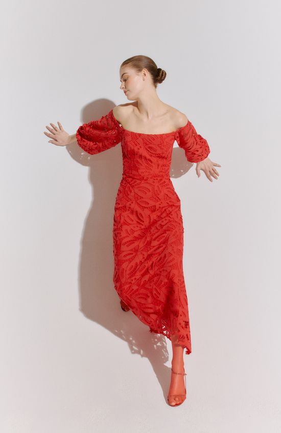 Embroidered Eyelet Off the Shoulder Dress