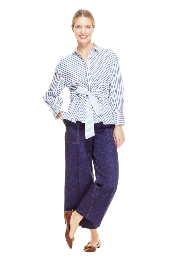 Striped Poplin Full Sleeve Belted Top