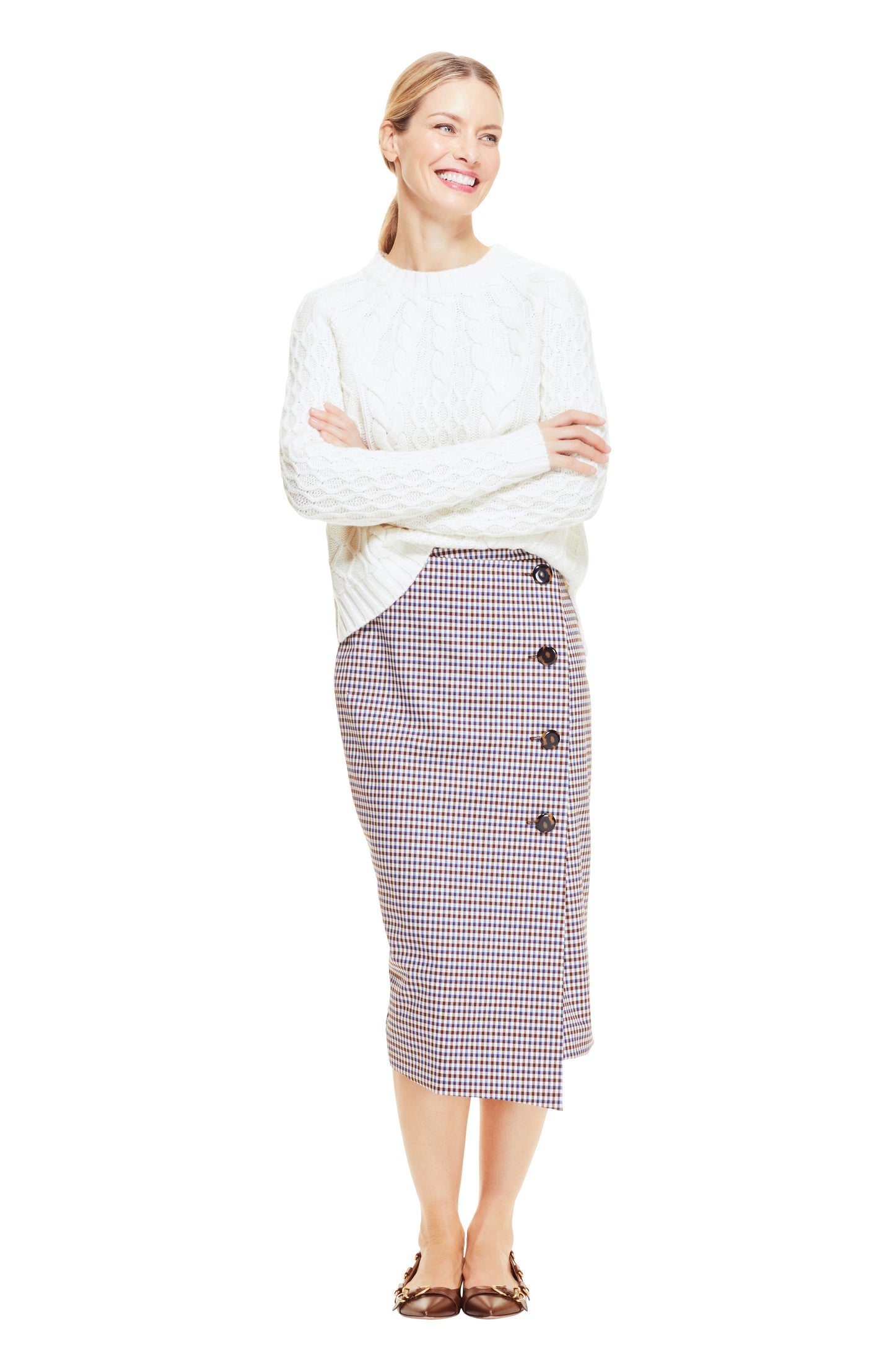 Checked Wool Button Front Pencil Skirt