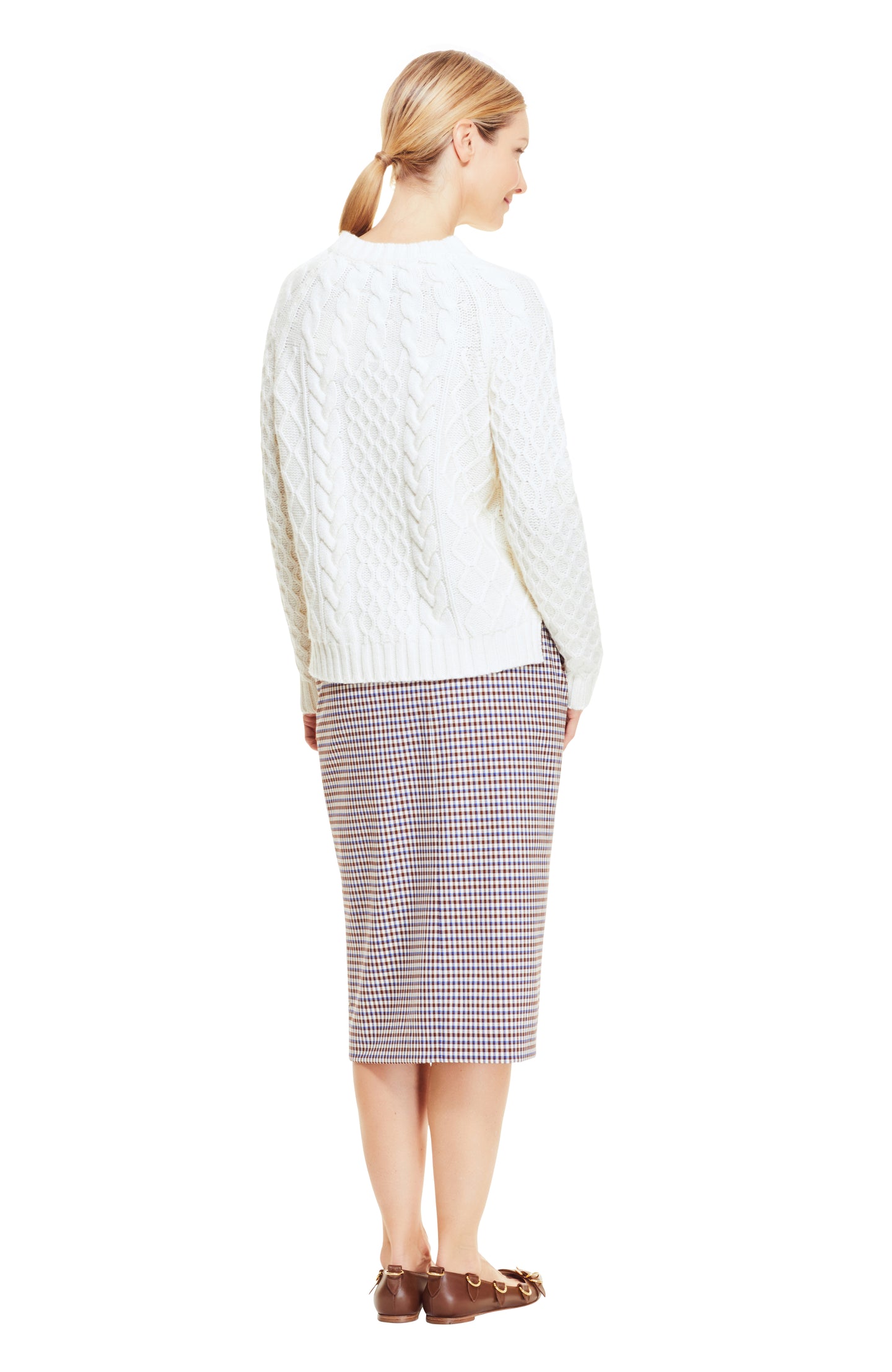 Checked Wool Button Front Pencil Skirt