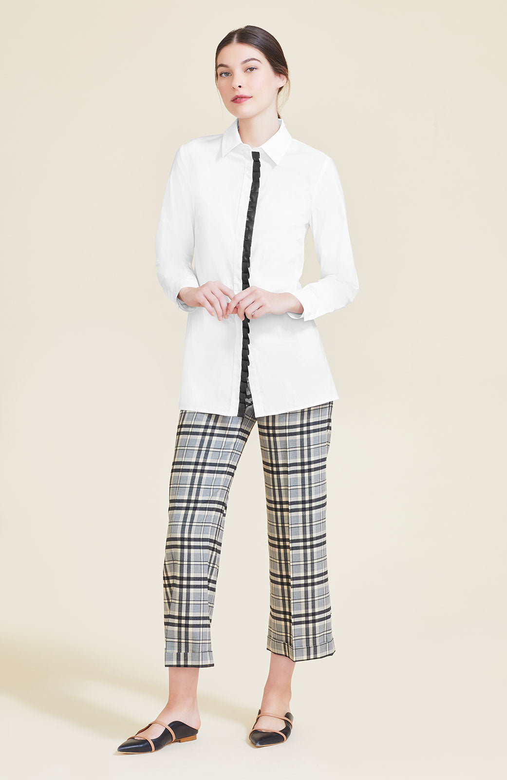 Cotton Poplin Leather Detail Top