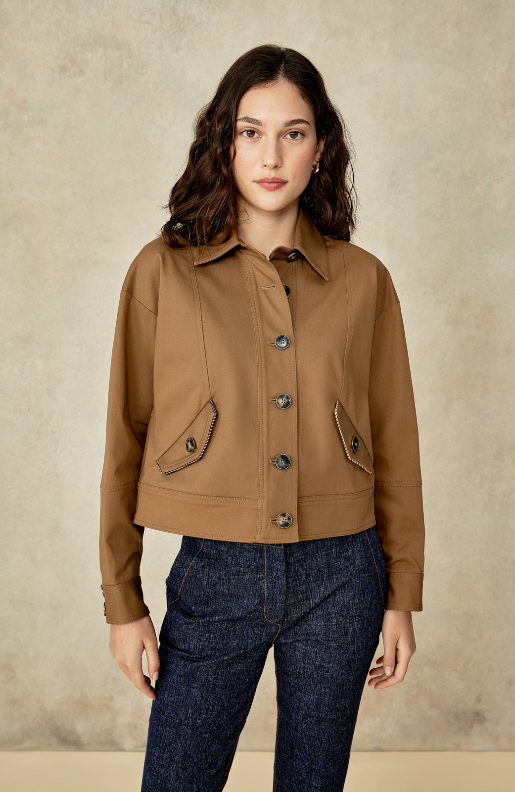 Cotton Twill Leather Trim Jacket