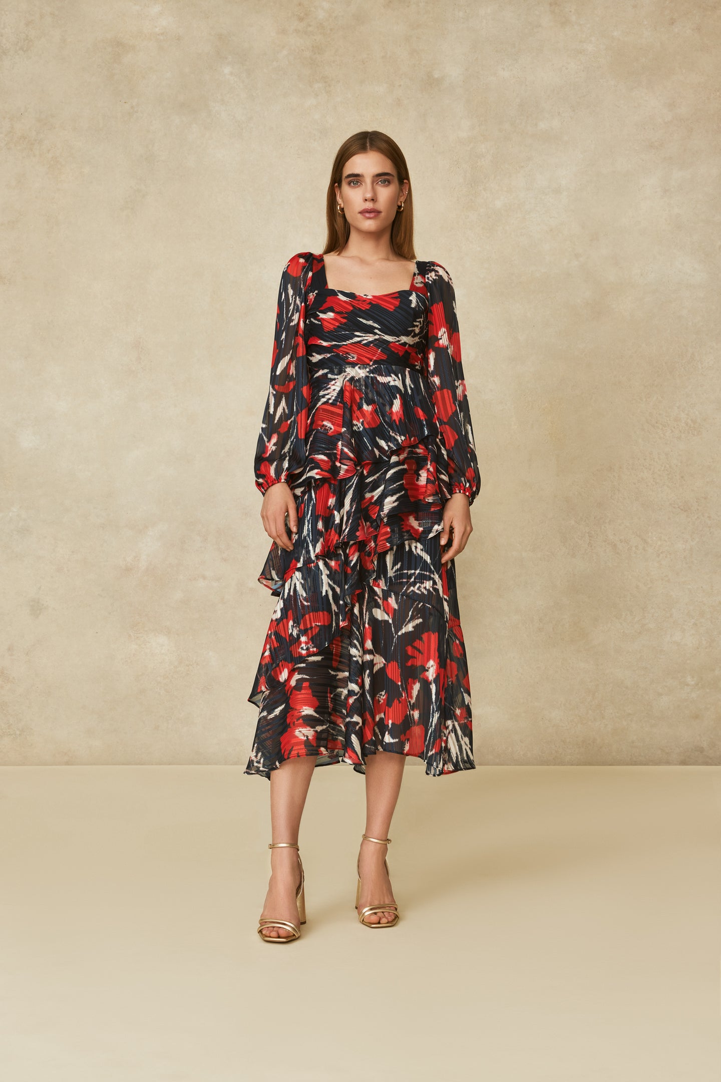 Metallic Floral Square Neck Dress