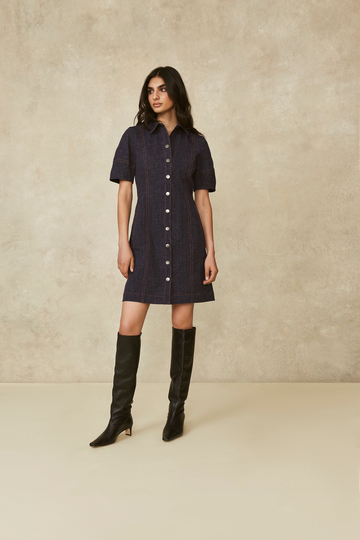 Stretch Denim Button Front Dress