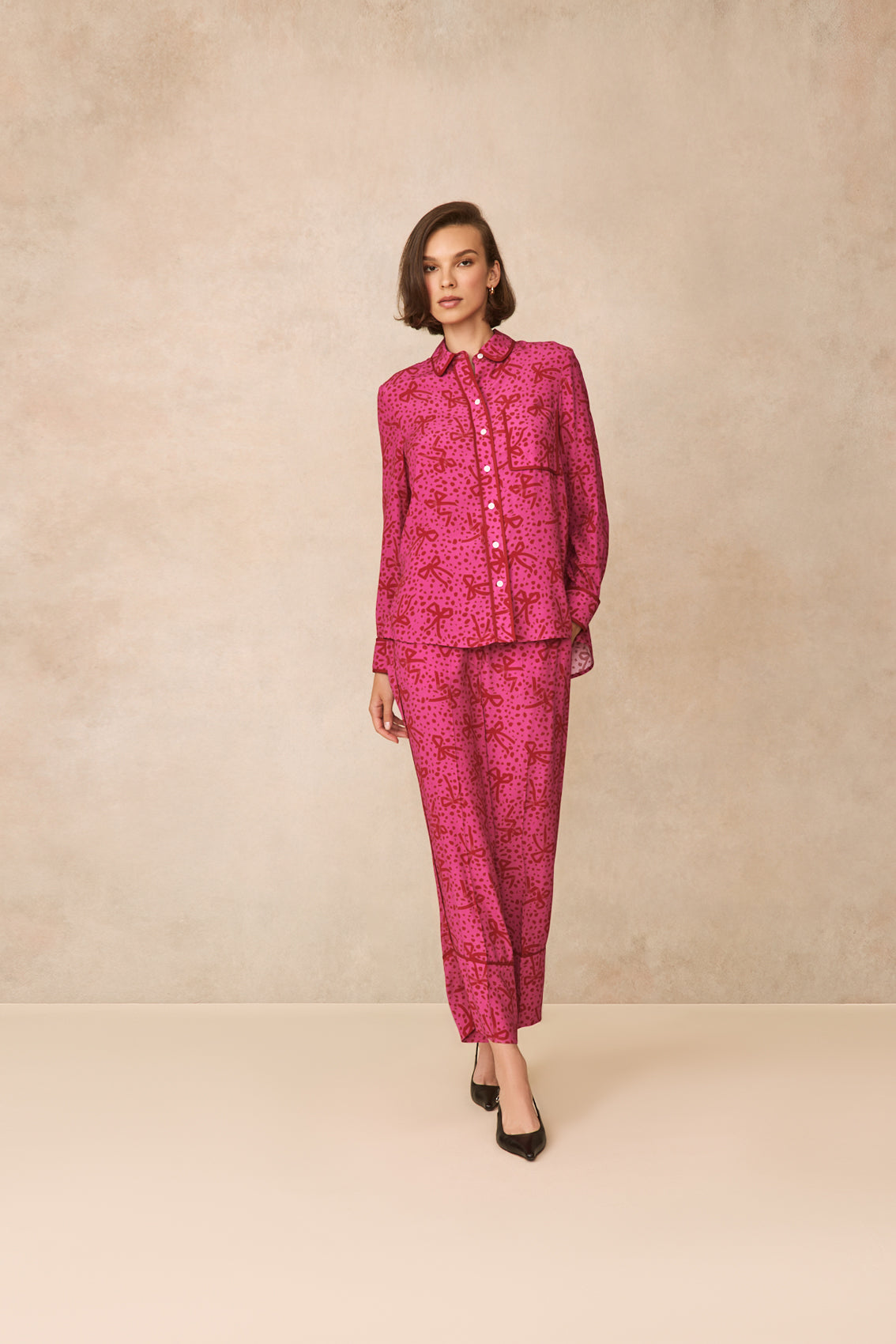 Bow Printed Crepe Tipped Shirt