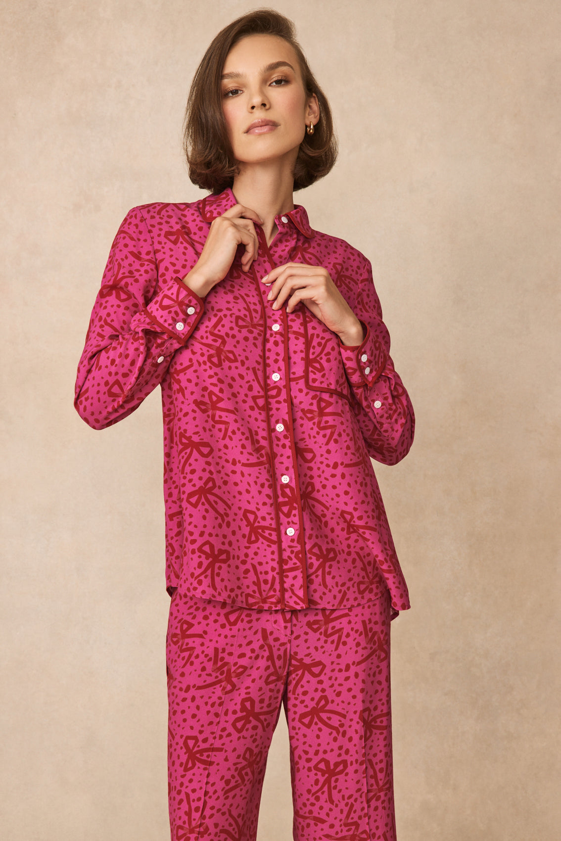 Bow Printed Crepe Tipped Shirt