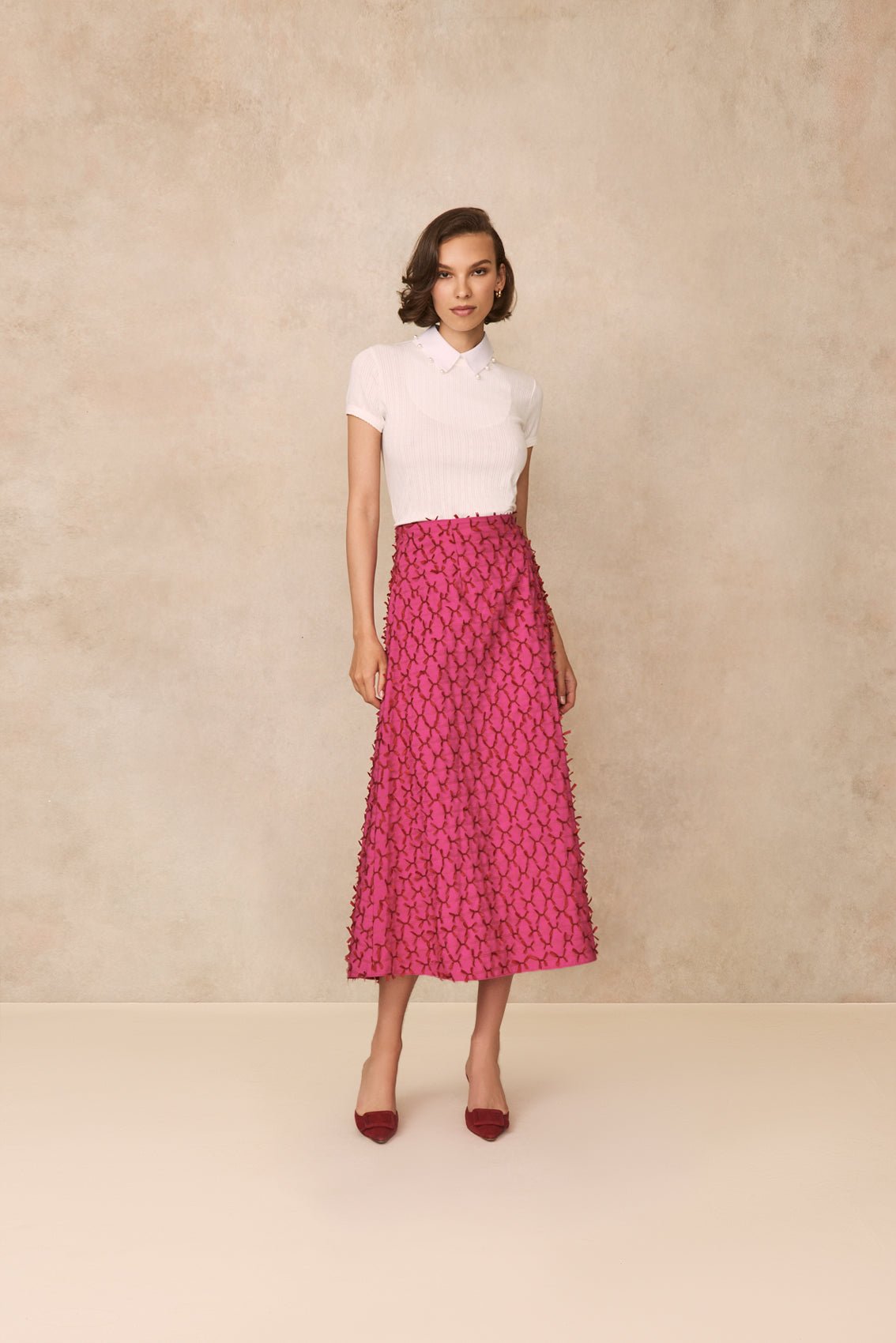 Bow Embroidered Poplin Midi Skirt