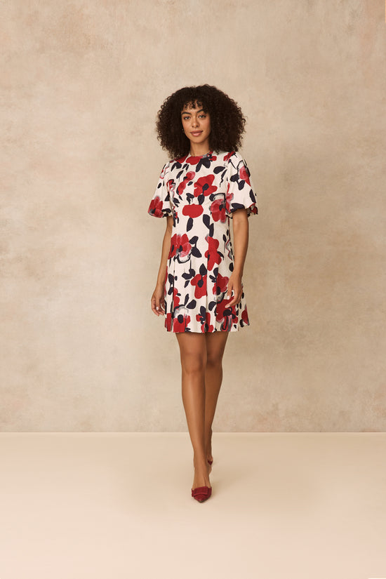 Floral Painted Cotton Flutter Sleeve Dress