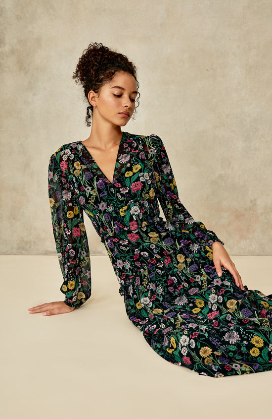 Floral Georgette V-Neck Midi Dress