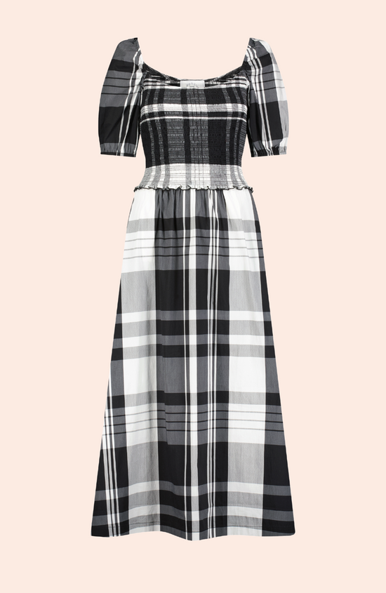 Stretch Plaid Smocked Midi Dress