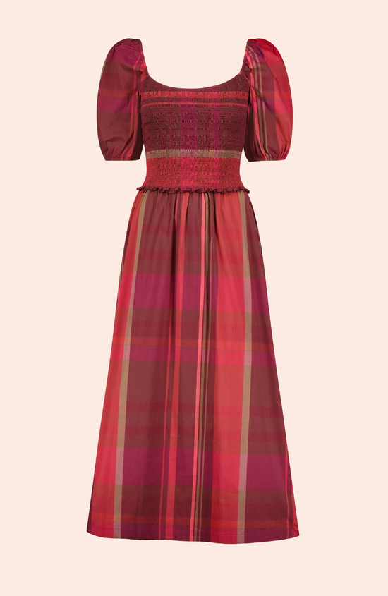 Stretch Plaid Smocked Midi Dress