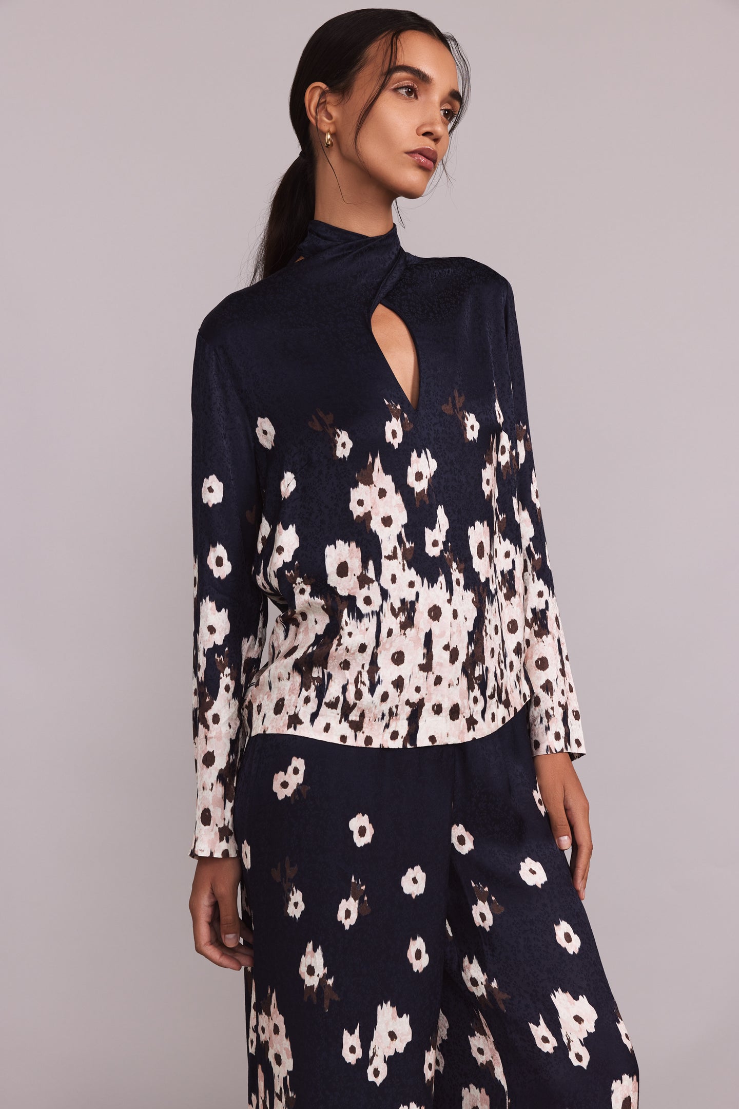 Floral Crepe Tie Neck Blouse