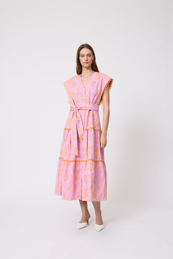 Thread Embroidered Canvas Tiered Dress