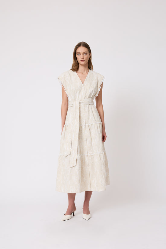 Thread Embroidered Canvas Tiered Dress