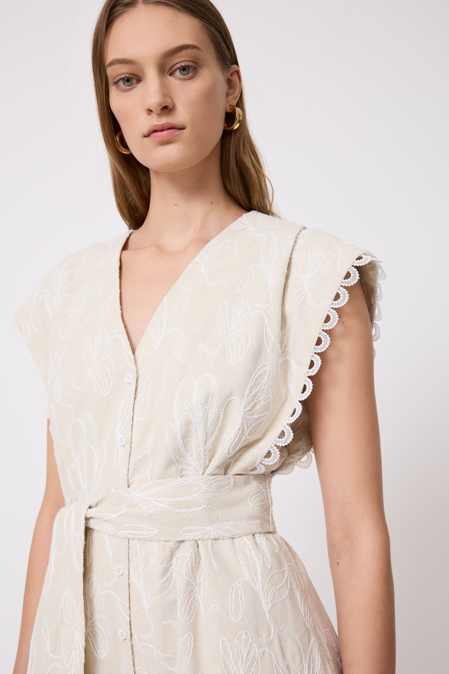 Thread Embroidered Canvas Tiered Dress