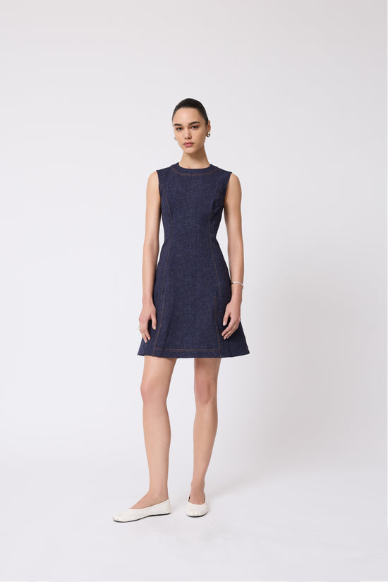 Stretch Denim Seamed A-Line Dress