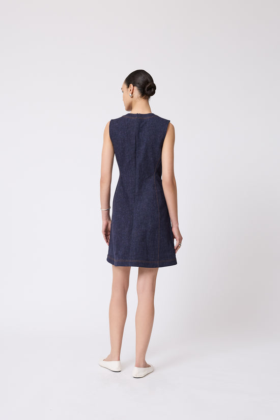 Stretch Denim Seamed A-Line Dress