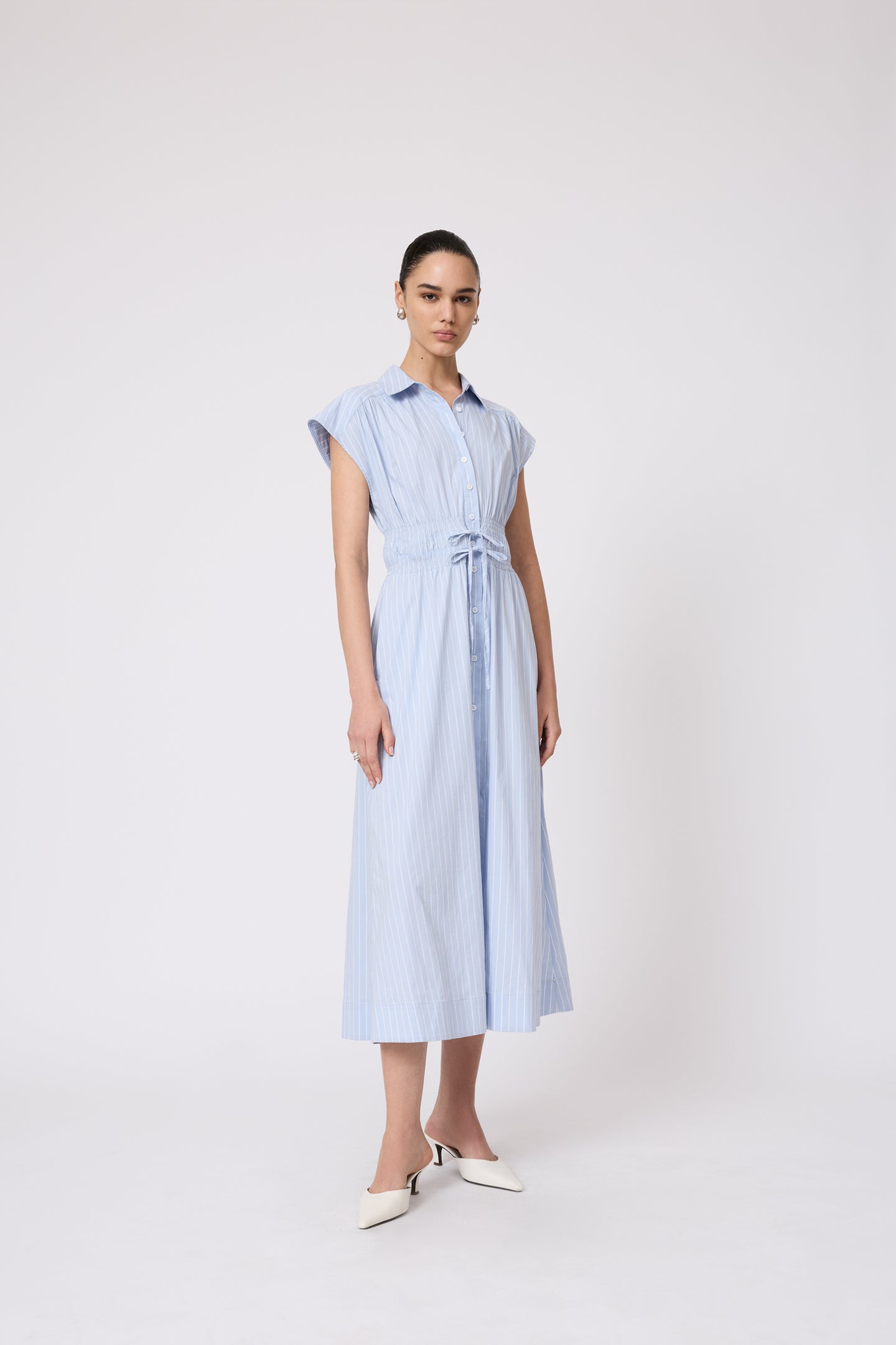 Striped Cotton Poplin Smocked Midi Dress