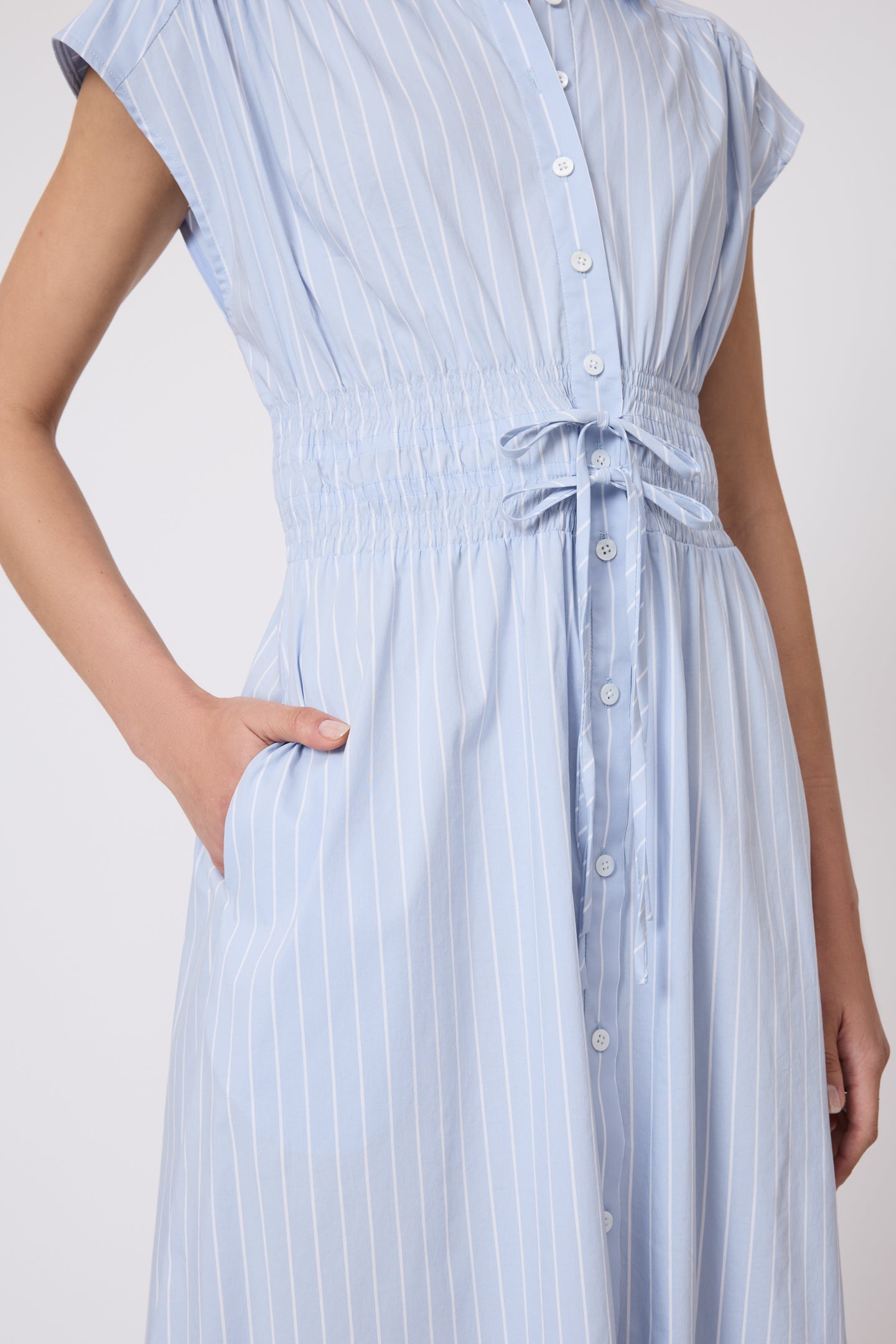 Striped Cotton Poplin Smocked Midi Dress