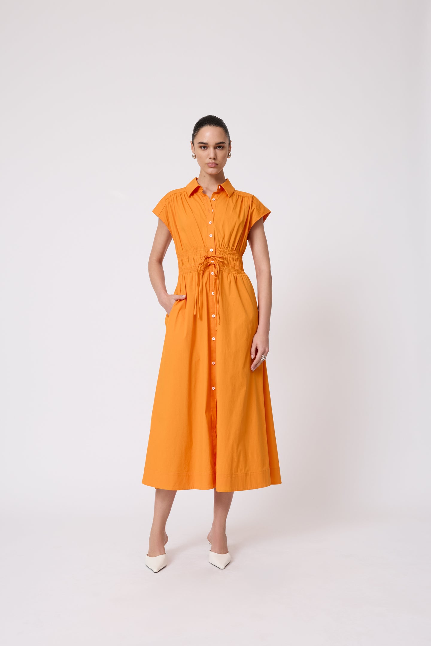 Cotton Poplin Smocked Midi Dress