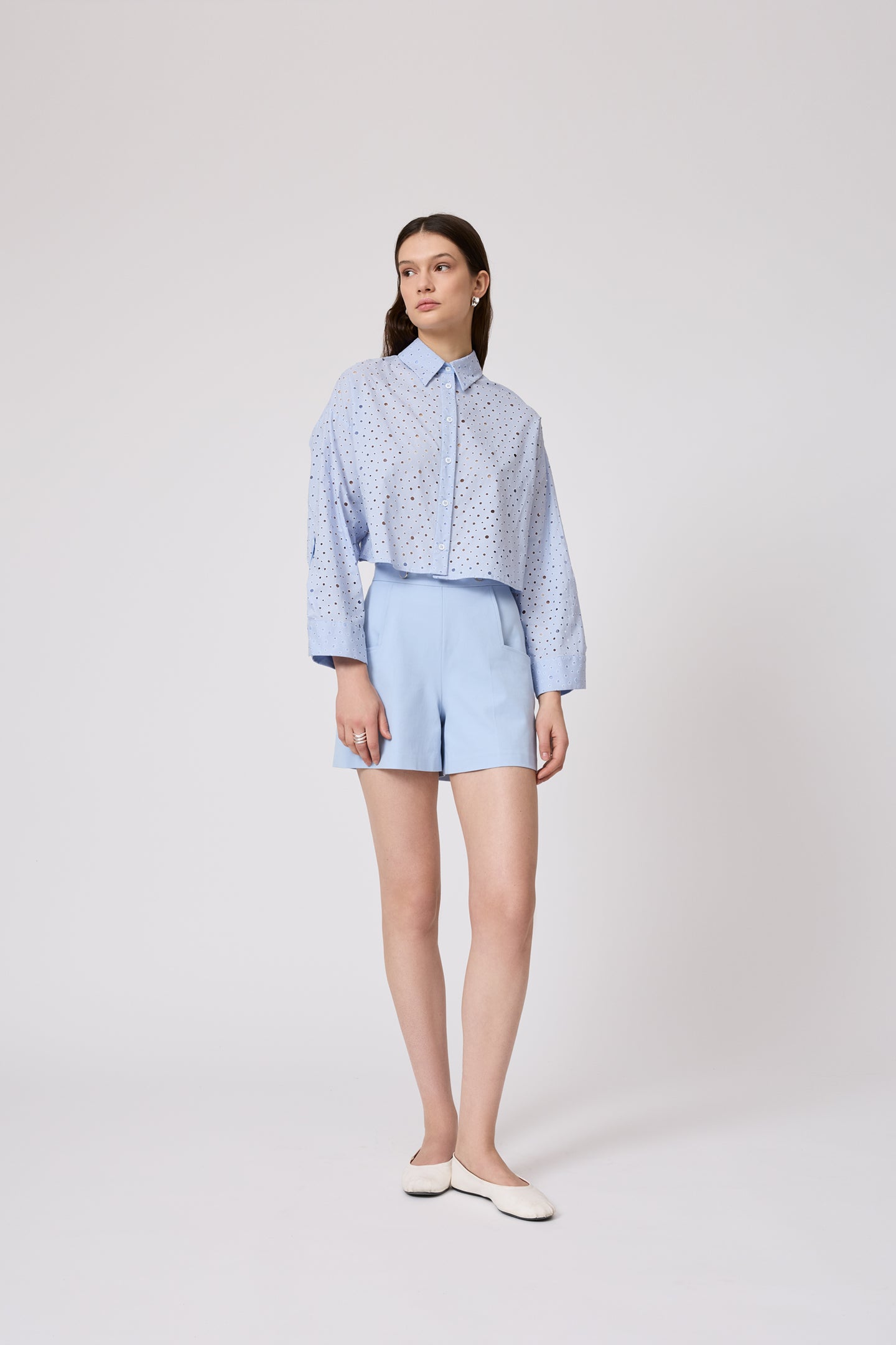 Polka Dot Eyelet Cropped Shirt