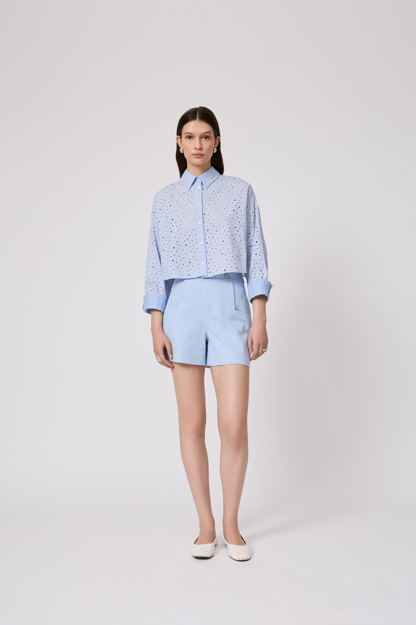 Polka Dot Eyelet Cropped Shirt