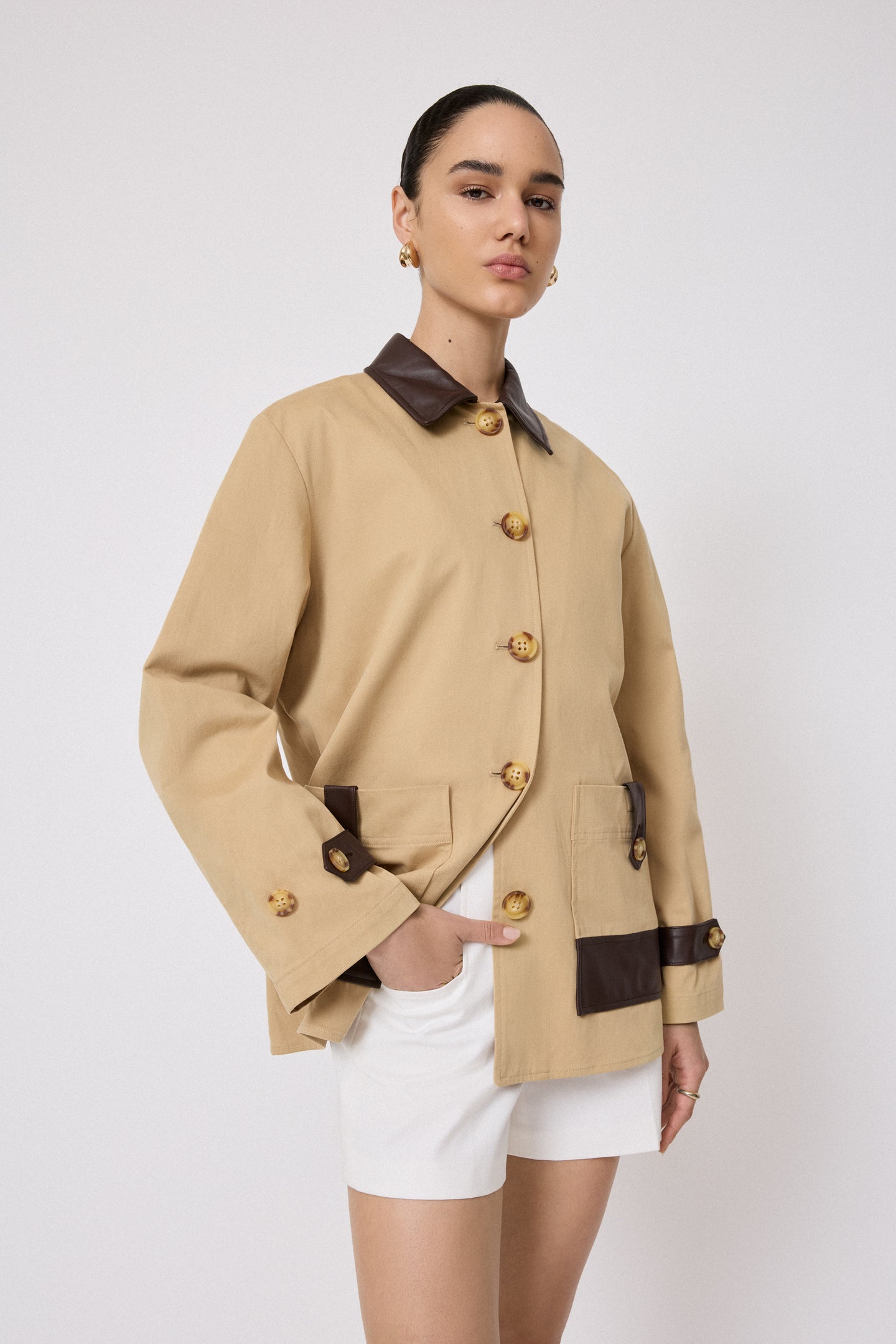 Cotton Twill Leather Detail Jacket